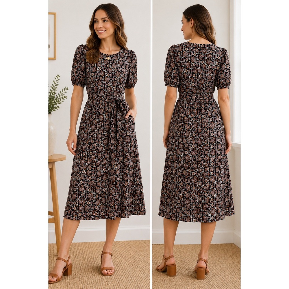 Boden Paisley Belted A-Line Midi Dress Puff Sleeve Pockets Cottagecore Size 6